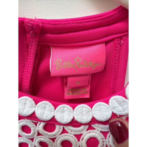 Lilly Pulitzer Little Kinley Girls Size 12 Neon Pink Sleeveless Dress With White - Picture 2 of 5